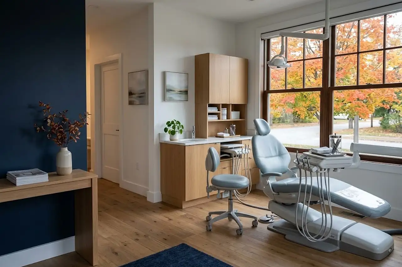 A bright, calm dental treatment room with a window onto autumn trees.