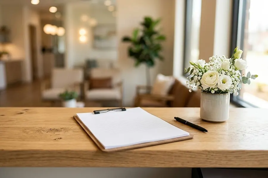 A clipboard with blank forms and a pen on a sunlit reception counter.