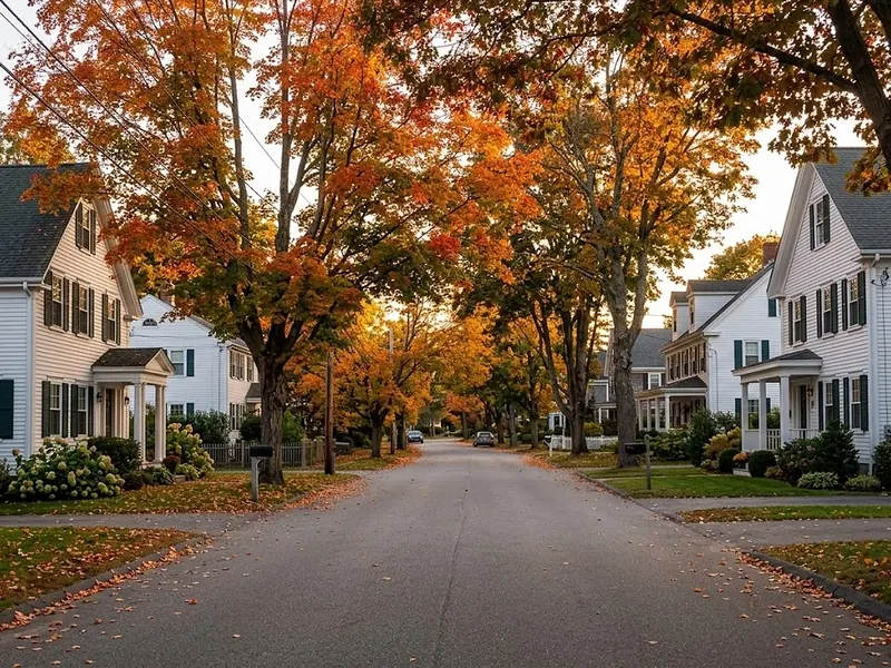 A tree-lined New England street in autumn.