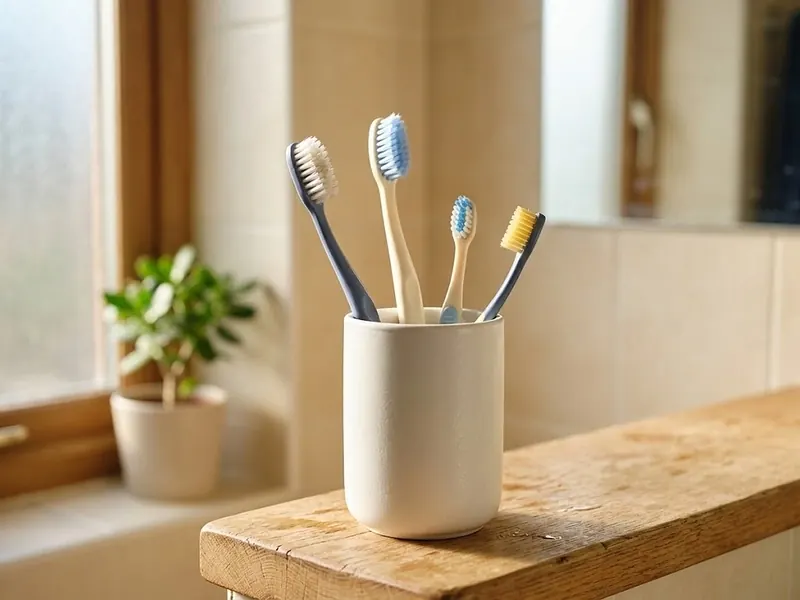 A family's toothbrushes in a cup on a sunlit bathroom shelf.