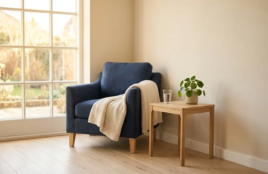 A comfortable armchair and a soft throw in a quiet, sunlit waiting area.
