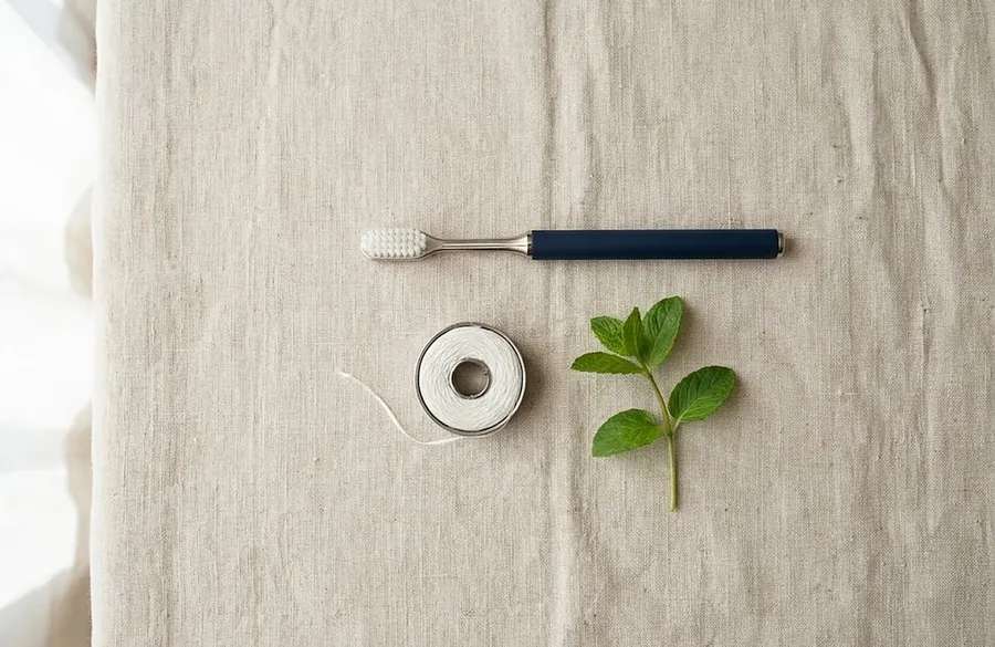 A toothbrush and dental floss laid out on pale linen.