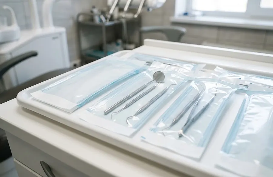 Sealed sterilisation pouches holding stainless steel dental instruments.