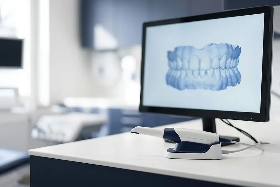A digital intraoral scanner resting beside a screen showing a 3D model of teeth.
